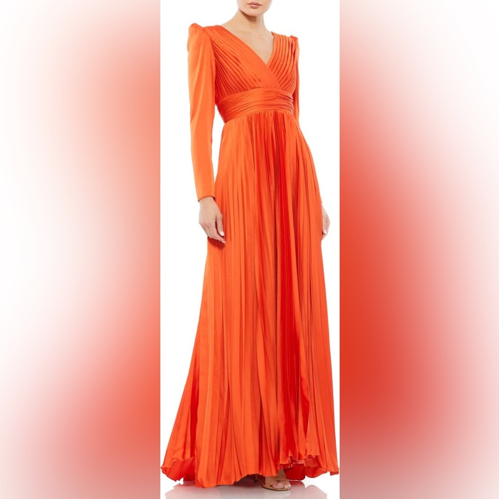 🆕Ieena Mac Duggal NWOT Long Sleeve Pleated Chiffon A-Line Gown in Sunset(MD-25) - Picture 1 of 12